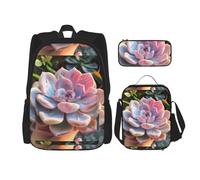 WenDang Lovely Succulent Double Shoulder Bag Set with Lunch Bag and Pencil Case, fit for Shopping, Outdoor Sports