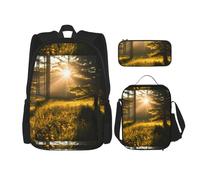 WenDang Morning Sunlight in Wilderness Double Shoulder Bag Set with Lunch Bag and Pencil Case, fit for Shopping, Outdoor Sports