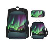 WenDang Northern Lights Painting Double Shoulder Bag Set with Lunch Bag and Pencil Case, fit for Shopping, Outdoor Sports