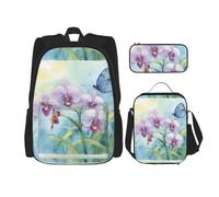WenDang Orchid Flower Butterfly Soft Fresh Spring Double Shoulder Bag Set with Lunch Bag and Pencil Case, fit for Shopping, Outdoor Sports
