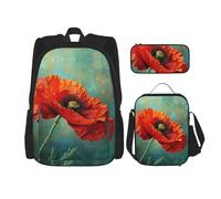 WenDang Poppy Flower Double Shoulder Bag Set with Lunch Bag and Pencil Case, fit for Shopping, Outdoor Sports