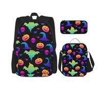 WenDang Rainbow Halloween Ghost Witch Hat Spiders Double Shoulder Bag Set with Lunch Bag and Pencil Case, fit for Shopping, Outdoor Sports