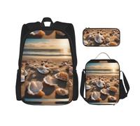 WenDang Seashell Landscape On The Beach Double Shoulder Bag Set with Lunch Bag and Pencil Case, fit for Shopping, Outdoor Sports