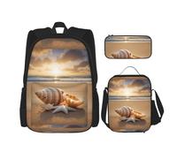 WenDang Seashell Landscape On The Beach Double Shoulder Bag Set with Lunch Bag and Pencil Case, fit for Shopping, Outdoor Sports