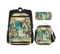 WenDang Sketch Hawaii Double Shoulder Bag Set with Lunch Bag and Pencil Case, fit for Shopping, Outdoor Sports