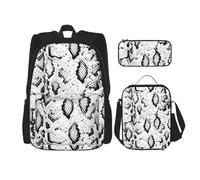 WenDang Snake Skin Black and White Double Shoulder Bag Set with Lunch Bag and Pencil Case, fit for Shopping, Outdoor Sports