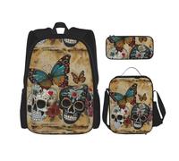 WenDang Sugar Skulls Butterfly Double Shoulder Bag Set with Lunch Bag and Pencil Case, fit for Shopping, Outdoor Sports