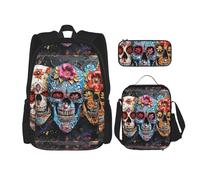 WenDang Sugar Skulls Double Shoulder Bag Set with Lunch Bag and Pencil Case, fit for Shopping, Outdoor Sports