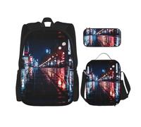 WenDang Tokyo City Double Shoulder Bag Set with Lunch Bag and Pencil Case, fit for Shopping, Outdoor Sports