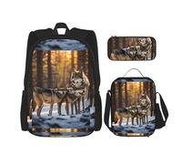 WenDang Wolfs Double Shoulder Bag Set with Lunch Bag and Pencil Case, fit for Shopping, Outdoor Sports