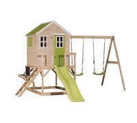 Wendi Toys M28L-K Kids Outdoor Playhouse with Kitchen Set, Swing, 340x400x242 cm, Green - Sturdy Wooden Garden House for Creative Cooking Play, Quick Assembly