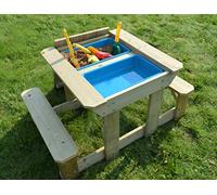 Wendi Toys T3 Sand and Water Table for Toddlers, Wooden Kids Picnic Table with 2 benches, Removable Lid and Water & Sand Plastic Trays, 95 x 60 x 53 cm