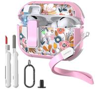wenew Case for AirPods Pro & Pro 2 Case Cover Secure Lock Automatic Snap Switch Clip Cleaner Kit Lanyard Women Stylish Flower Full Body Hard Shell Front LED Visible (Pink Flower, AirPods Pro & Pro 2)