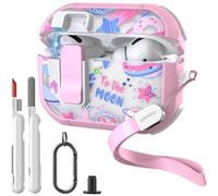 wenew Case for AirPods Pro & Pro 2 Case Cover Secure Lock Snap Switch Clip Cleaner Kit Lanyard Women Stylish Universe Moon Full Body Hard Shell Front LED Visible (Pink Universe, AirPods Pro & Pro 2)