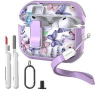 WENEW for AirPods Pro 3 Case (2025) Cover Secure Lock Automatic Snap Switch Clip Cleaner Kit Lanyard Women Stylish Flower Aromr Hard Shell Full Body Front LED Visible (Purple butterfly, AirPods Pro 3)