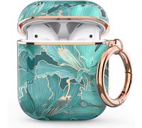 wenew Protective Case Cover for Apple Airpods 2 AirPods 1, Cute Patterns Shockproof Hard Case with Portable Keychain for Women Girls kids Men (Gold Cyan Lily)
