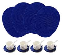 WENFOME 4 Pack Oval Woven Placemats, Blue Cotton Woven Plate Chargers with 4 Pack Round Coasters, Thick Heat Insulation Mats Household Table Mats Braided Bowl Mats Fabric Rustic Placemats for Dining