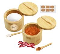 Wenfubrixa 2 Pcs Bamboo Salt Containers for Countertop, Salt and Pepper Bowls with Magnetic Swivel Lid & Spoon, Salt Shakers for Kitchen, Spices Storage Jars, Sugar Holder (2 Pcs)