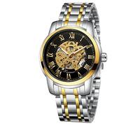 WENFVVIN Men Skeleton Watches Reloj Mechanical Hand Winding Stainless Steel Luminous Roman Numerals Analog Watch, Gold