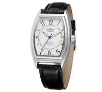 WENFVVIN Men's Automatic Mechanical Calendar Date Luminous Tonneau Wrist Watch with Black Leather Strap, Black and White