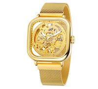 WENFVVIN Men's Automatic Self Winding Watch Luxury Superb Skeleton Technology Unique Style Square Wrist Watch with Stainless Steel Bracelet, 2-Gold