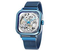 WENFVVIN Men's Automatic Self Winding Watch Luxury Superb Skeleton Technology Unique Style Square Wrist Watch with Stainless Steel Bracelet, 4-Blue