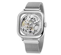 WENFVVIN Men's Automatic Self Winding Watch Luxury Superb Skeleton Technology Unique Style Square Wrist Watch with Stainless Steel Bracelet, 1-Silver