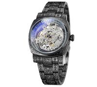 WENFVVIN Men's Automatic Watches High-end Vintage Skeleton Self Winding Analog Square Wristwatch with Stainless Steel Bracelet, Black