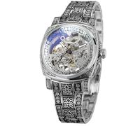 WENFVVIN Men's Automatic Watches High-end Vintage Skeleton Self Winding Analog Square Wristwatch with Stainless Steel Bracelet, Silver
