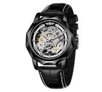 WENFVVIN Men's Automatic Watches Mechanical Skeleton Roman Numeral Dodecagon Wrist Watch with Genuine Leather Strap, Black