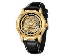 WENFVVIN Men's Automatic Watches Mechanical Skeleton Roman Numeral Dodecagon Wrist Watch with Genuine Leather Strap, Gold