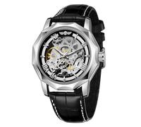 WENFVVIN Men's Automatic Watches Mechanical Skeleton Roman Numeral Dodecagon Wrist Watch with Genuine Leather Strap, Silver