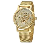 WENFVVIN Men's Hand Wind Skeleton Roman Numerals Stainless Steel Bracelet Mechanical Wrist Watch, Gold