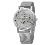 WENFVVIN Men's Hand Wind Skeleton Roman Numerals Stainless Steel Bracelet Mechanical Wrist Watch, Silver