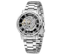 WENFVVIN Men's Watch Mechanical Skeleton Stainless Steel Steampunk Hand Wind Wrist Watch, SILVER BLACK