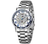 WENFVVIN Men's Watch Mechanical Skeleton Stainless Steel Steampunk Hand Wind Wrist Watch, SILVER WHITE