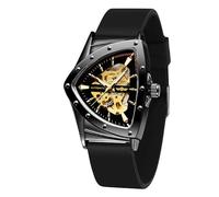 WENFVVIN Men's Waterproof Mechanical Skeleton Retro Triangular Wrist Watch with Silicone Strap, Black Gold