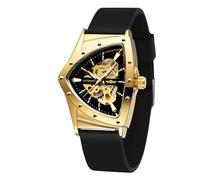 WENFVVIN Men's Waterproof Mechanical Skeleton Retro Triangular Wrist Watch with Silicone Strap, Gold Black