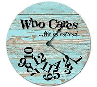 WengBeauty Fashion Wooden Wall Clock Silent Non Ticking Who Cares We'Re Retired Clock - Words Clock Round Wall Clock for Living Room Kitchen Home Bedroom Decoration 10 inches