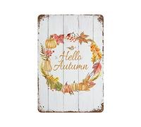 WengBeauty Hello Autumn Metal Signs Autumn Season Novelty Sign Gifts for Animal Lovers Fall Seasonal Shelf Decorations 8"x12"
