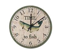WengBeauty Round Time to Fish California Salmon Clock Country Retro Rustic Style Home Decorative Clock Non Ticking Silent Vintage Farmhouse Hanging Clock for Kitchen/Living Room/Bedroom 10"x10"