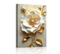 WENGTIAO 3D White Peony Flowers Canvas Wall Art Prints Framed Pictures Luxury Gold Leaves White Floral Painting on Canvas Living Room Bedroom Home Decor Ready to Hang 30x40cm