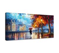 WENGTIAO City by the River At Night Canvas Wall Art Prints Large Framed Picture Couple with Umbrella under Streetlight Abstract Painting on Canvas Living Room Bedroom Home Wall Decor 50x120 cm