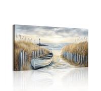 WENGTIAO Coastal Beach Large Canvas Wall Art Prints Framed Boat Beacon Seaside Landscape Painting on Canvas for Living Room Bedroom Office Home Wall Decor 100x50 cm