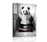 WENGTIAO Funny Panda Bathroom Canvas Wall Art Prints Framed Pictures Cute Panda Sitting on Toilet Reading Newspaper Painting on Canvas for Bathroom Toilet Washroom Wall Decor 30x40 cm