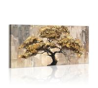 WENGTIAO Gold Leaves Pine Tree Canvas Wall Art Prints Large Framed Picture Mustard Yellow Grey Abstract Painting on Canvas Living Room Bedroom Home Wall Decor Ready to Hang 120x50 cm