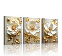 WENGTIAO Set of 3 3D White Peony Flowers Canvas Wall Art Prints Framed Pictures Luxury Gold Leaves Beige Floral Painting on Canvas Living Room Bedroom Home Decor Ready to Hang 50x70cmx3
