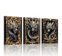 WENGTIAO Set of 3 Black Gold Carved Dragon Canvas Wall Art Prints Framed Picture 3D Animal Gragon Painting on Canvas Living Room Bedroom Home Wall Decor Ready to Hang 30x40cmx3