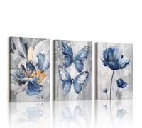 WENGTIAO Set of 3 Blue Butterfly Flowers Canvas Wall Art Prints Framed Pictures Vintage Abstract Floral Painting on Canvas Living Room Bedroom Home Wall Decor Ready to Hang 40x60cmx3