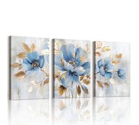 WENGTIAO Set of 3 Blue Gold Floral Canvas Wall Art Framed, Minimalist Abstract Blue Flowers with Golden Leaves Painting on Canvas for Modern Living Room Bedroom Wall Decor 30x40cmx3